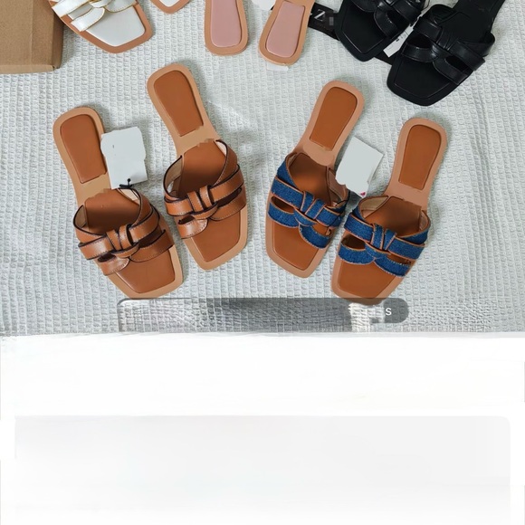 Zara Tan Flat Sandals with Gold Buckle - Picture 9 of 11